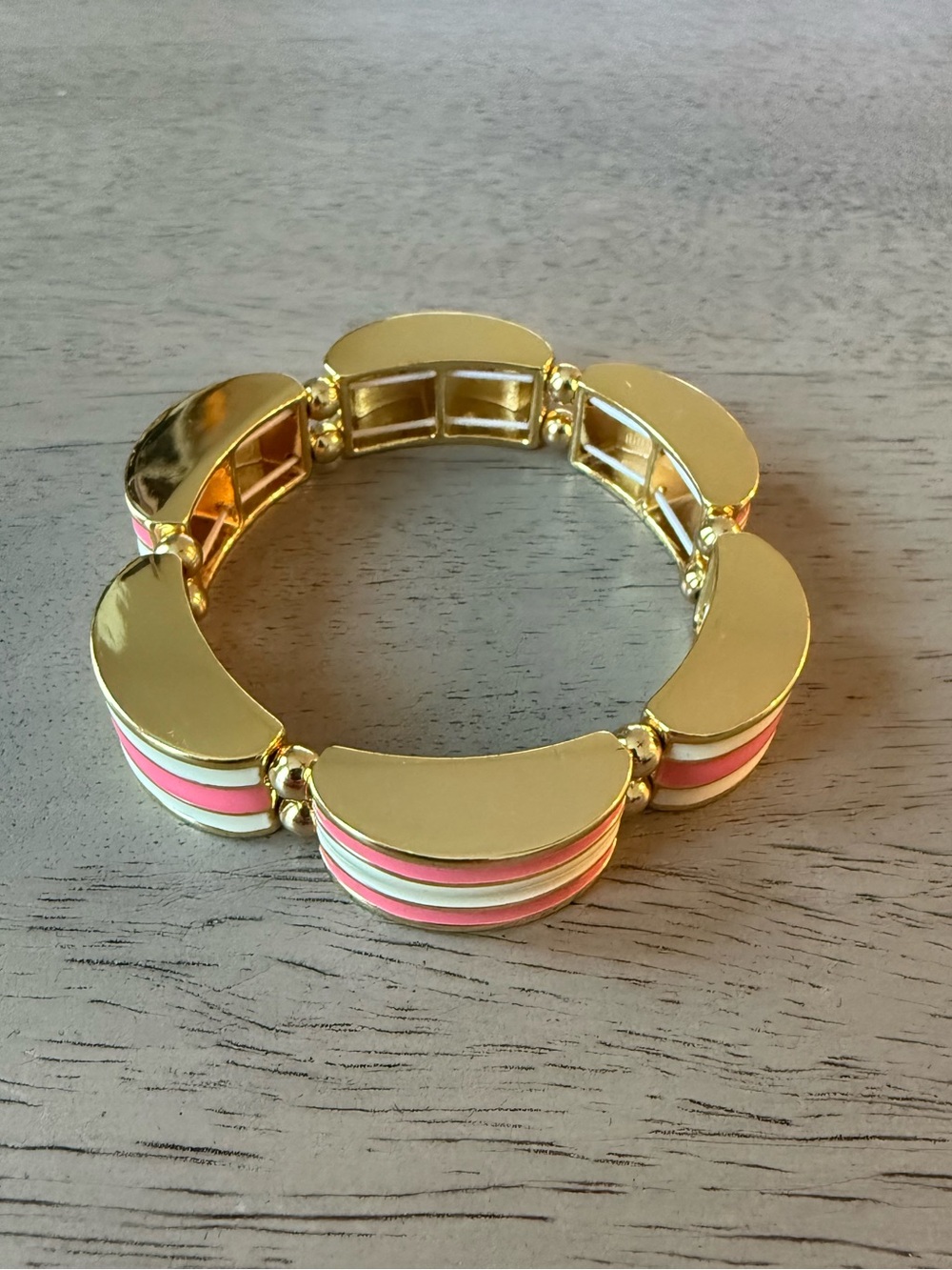 Talbots Stretch Bracelet 6 3/4 Inch Gold Tone Pink & Ivory Enamel